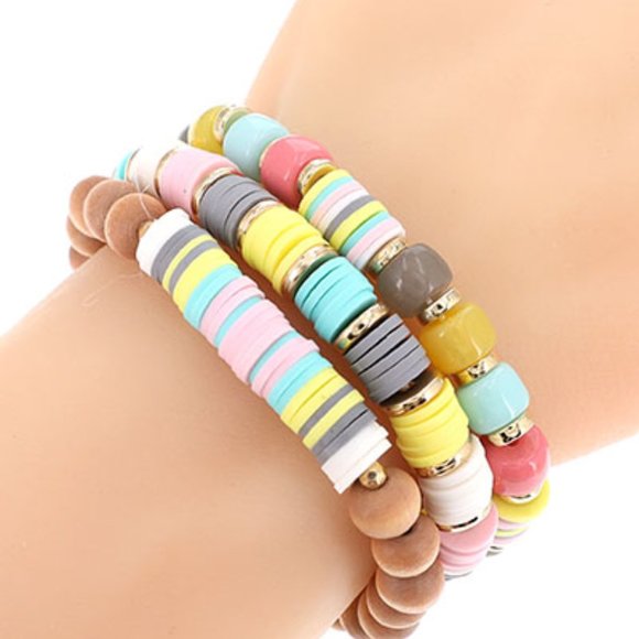 1119-3PCS Glass Beads Wood Rubber Bracelets-Pink Multi - Picture 1 of 3